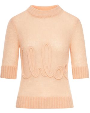 Chloé Alpaca Wool And Silk Knit Jumper With Logo - White