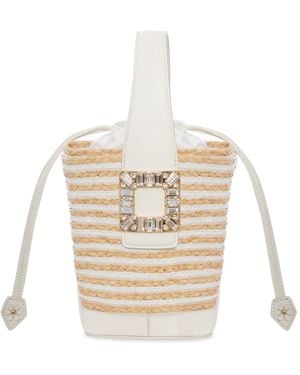 Roger Vivier Striped Raffia Bucket Bag With Jewel Buckle - White