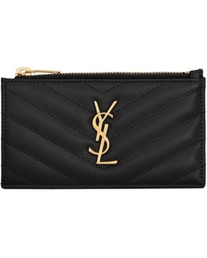 Saint Laurent Cassandre Matelassé Fragments Card Holder With Zip In Powder Grain Embossed Leather - Black