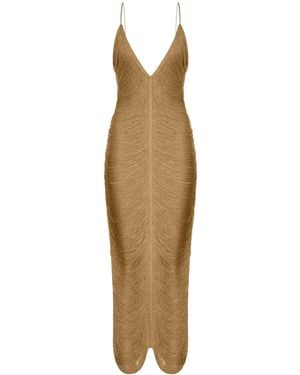 Bless Long Solé Dress With Fringes And V-Neck - Natural