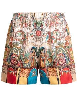 Etro Peau D'Ange Silk Shorts With Paisley Foliage Motif - White