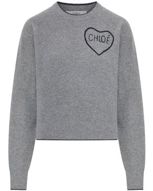 Chloé Cropped Wool Knit Jumper With Logo - Grey