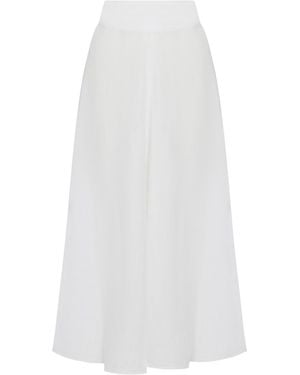 120% Lino Long Linen Flower Skirt With Waistband - White