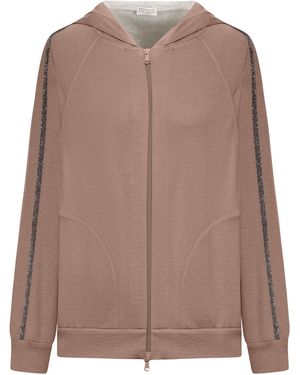 Brunello Cucinelli Cotton And Silk Interlock Topwear With Hood And Precious Stripe - Brown