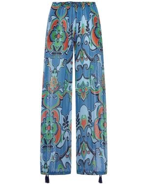 Etro Printed Silk Blend Trousers With Drawstring - Blue