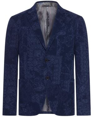 Etro Single-Breasted Jacquard Cotton Jacket With Floral Pattern - Blue