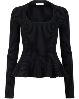 Alaïa Ribbed Peplum Top - Black