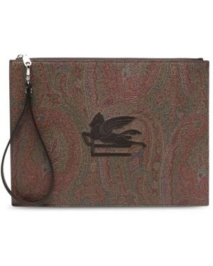 Etro Paisley Jacquard Canvas Clutch With Logo Embroidery On The Front And Wrist Strap - Brown