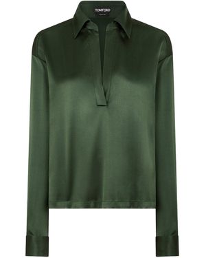 Tom Ford Silk Satin Blouse With Tf Logo Embroidered - Green
