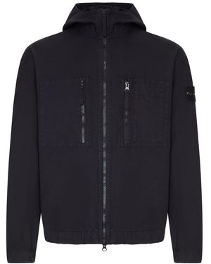 Stone Island Cotton Overshirt With Hood And Badge - Blue