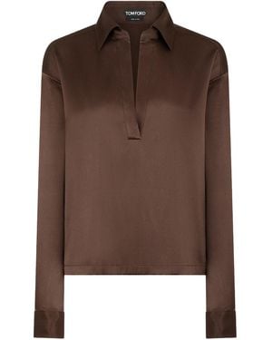 Tom Ford Silk Satin Blouse With Tf Logo Embroidered In Tone-on-tone Brown