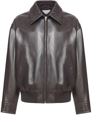 Bottega Veneta Giacca in pelle con colletto a motivo intrecciato - Grigio