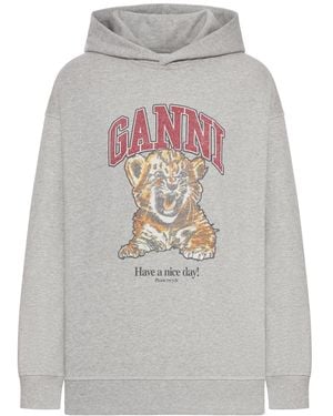 Ganni Cotton Hoodie With Print - Grey