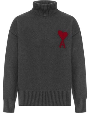 Ami Paris Ami De Coeur Wool High Neck Sweater - Gray
