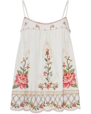 FARM Rio Linen Blend Top With Floral Embroidery - White