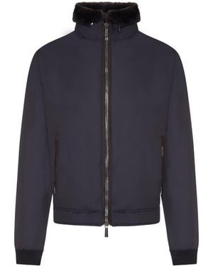 Moorer Technical Fabric Bomber Jacket With Fur Collar - Blue