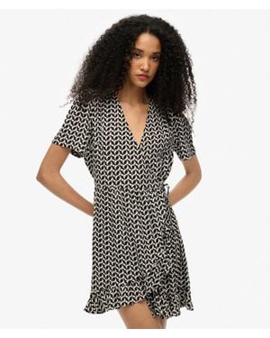 Superdry Short Sleeve Printed Mini Wrap Dress - Black