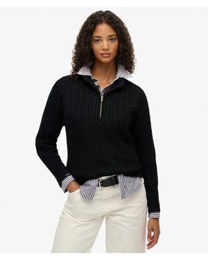 Superdry Femme Pull À Col Tunisien En Maille Torsadée Brossée Taille - Noir