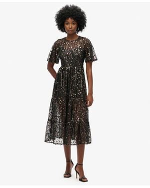 Superdry Sequin Embroidered Volume Tie Mesh Midi Dress - Black