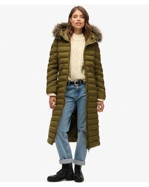 Superdry Fuji Faux Fur Hooded Longline Jacket - Green