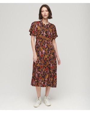 Superdry Loose Fit Floral Print Printed Short Sleeve Tiered Midi Dress - Brown