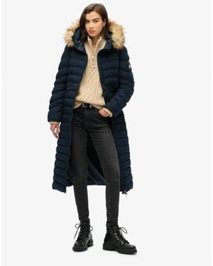 Superdry Slim Fit Fuji Faux Fur Hooded Longline Jacket - Blue