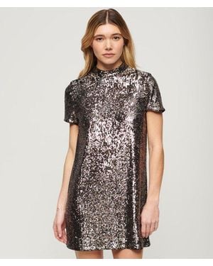 Superdry High Neck Sequin T-shirt Dress - Gray