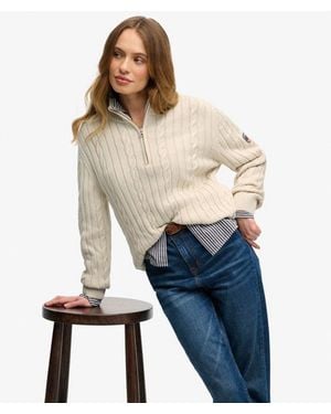 Superdry Femme Pull À Demi-Zip En Maille Torsadée Taille - Bleu