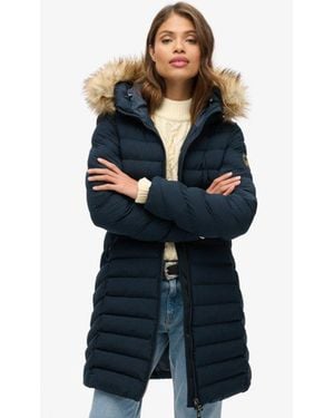 Superdry & Co Slim Fit Logo Patch Fuji Faux Fur Hood Mid Length Puffer Coat - Blue