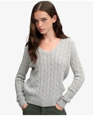 Superdry Wollen Mix Kabel V-hals Trui - Grijs