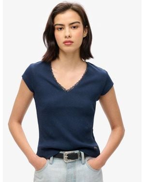 Superdry & Co Athletic Essentials Lace Trim V-neck Top - Blue