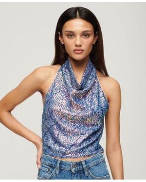 Superdry Cowl Neck Halter Sequin Top - Blue