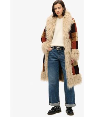 Superdry Slim Fit Patchwork Long Afghan Coat - Blue