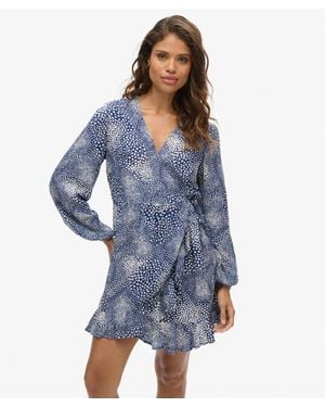 Superdry Printed Long Sleeve Wrap Mini Dress - Blue