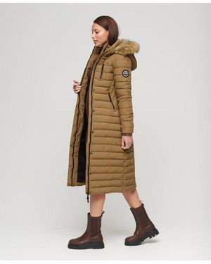 Superdry Lange Gewatteerde Pufferjas Met Capuchon Met Imitatiebont - Naturel