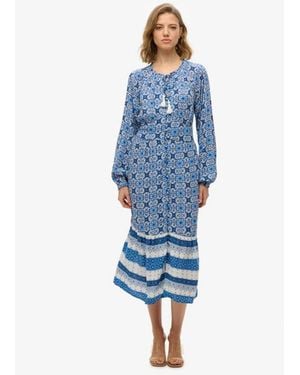 Superdry Floral Print Long Sleeve Midi Dress - Blue