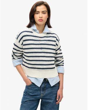 Superdry & Co Ladies Classic Striped Crochet Cropped Crew Jumper - White