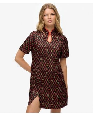 Superdry Japanese Print Mandarin Jacquard Mini Dress - Brown