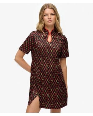 Superdry Mandarin Jacquard Mini Dress - Brown