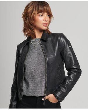 Superdry Studios Downtown Leather Jacket Black - Grey