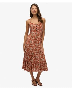 Superdry Paisley Print Half Button Tiered Midi Dress - Brown
