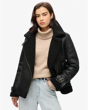 Superdry Aux s veste aviateur en peau de mouton synthétique - Noir