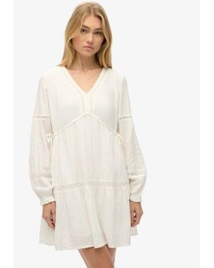 Superdry Cotton Ibiza Long Sleeve Tiered Mini Dress - White