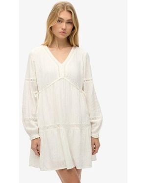 Superdry Cotton Ibiza Long Sleeve Tiered Mini Dress - White