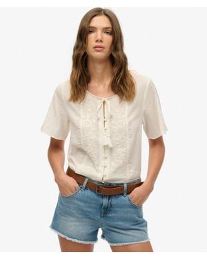 Superdry Short Sleeve Embroidered Button Top - White