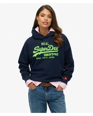 Superdry Vintage Logo Neon Relaxed Hoodie - Blue