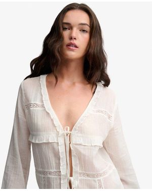 Superdry & Co Long Sleeve Lace Tie Front Top - White