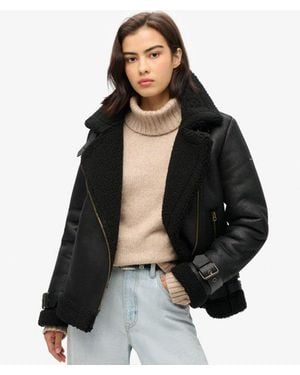 Superdry Faux Shearling Aviator Jacket - Black