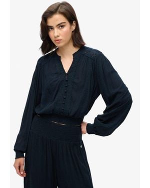 Superdry Classic Long Sleeve Lace Trim Smocked Blouse - Blue