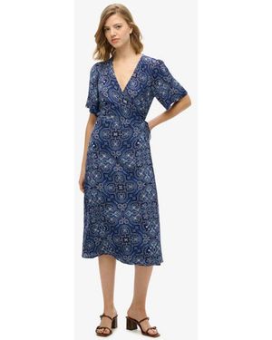 Superdry Paisley Printed Wrap Midi Dress - Blue